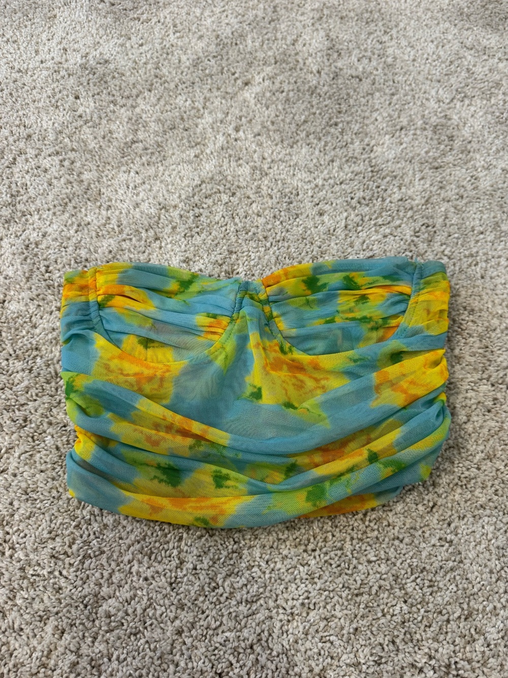 Zara Blue & Yellow Strapless Ruched Bandeau Top
